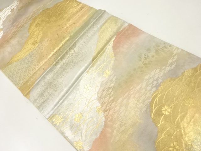 JAPANESE KIMONO / ANTIQUE FUKURO OBI / SILK / WOVEN MIST & FLORAL CLASSICAL PATTERN